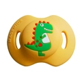 Baby silicone pacifier in yellow featuring a cute green cartoon dinosaur design - Unicorn Pacifier / Yellow