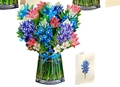 3D popup greeting card with blue and pink paper flower bouquet in a clear vase - Hyacinths