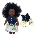 12-inch African American baby doll with curly hair, blue top and floral skirt with outfit - 30cm Black Doll / Navy Willow Leaf Skirt Tie-Dye