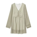 Elegante abito a maniche lunghe con scollo a V in verde chiaro con tessuto a onde su bianco - S / Verde Fagiolo