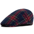 Classic checkered beret hat in navy blue, red and green with bronze metal side buckle - Adjustable / Navy Blue