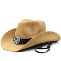 Western straw cowboy hat with silver eagle emblem and adjustable chin strap for sun protection - M(56-58cm) / Khaki (JX93635)