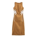 Caramel sleeveless dress with white palm tree embroidery and a classic round neck - S / Caramel color