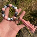 Handheld silicone beaded keychain wristlet with pink tassel and leopard print beads - Dusky Pink
