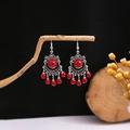 Bohemian ethnic style silver earrings featuring red turquoise beads and tassel details - E2833-8 Red Retro Carved