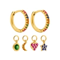 S925 silver needle gold hoop earrings set with colorful moon and star pendants - Multi-color Zircon Gold
