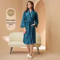 Peacock blue mid-length satin bathrobe with vertical stripes and white contrast piping - M / Female Style / Cyan Blue