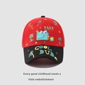 Detailed front view of red and black kids dinosaur baseball cap with cool dude text prints - 52-54 CM / Red