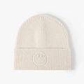 Cremeweiße Winterstrickmütze mit 3D-besticktem Smiley-Gesicht am umgeschlagenen Rand - Einheitsgröße / Beige