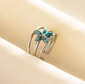 Bohemian adjustable silver flower ring featuring turquoise petals and wheat ear engravings - Adjustable Open / Silver-Light Blue