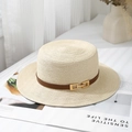 Beige straw boater hat with dark brown leather band and gold buckle on a magazine - Circumference 55-57cm (Adjustable) / Off-white (80461# Leather Buckle)