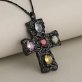 Black stainless steel cross necklace with colorful crystal zircons on a soft background - Single Pendant Black