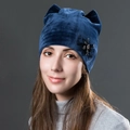 Dark blue velvet cat ear beanie with sparkly sequin bow and double-layer warmth - Navy Blue