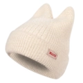 Plush cream-colored knitted cat ear hat with a stylish pink decorative brand label - Cat Ears Label-Beige