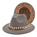 Gray fedora hat with gold chunky chain and leopard print brim lining for winter - M (56-58cm) / Light Gray