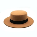 Wollen hoed met platte rand in camel met zwarte sierband voor herfst en winter - 57cm / Khaki Lint