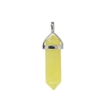 Close-up of a yellow hexagonal crystal pillar pendant with silver metal clasp detail - Sun Charm / Yellow Jade