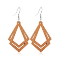 Detailed view of hollow geometric diamond wood earrings with metallic hooks on white base - Style 7/Log Color Rhombus Geometric