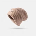 Thick khaki knit beanie with fuzzy texture and rib-knit design for winter warmth - Embroidered L-Khaki