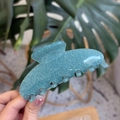 Close-up of a large blue glitter acrylic hair claw clip with seven-tooth design - Thickened 7-Tooth Clip (Approx 10cm) / Teal Glitter