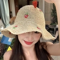 Detail of hand-woven beige straw hat with delicate red strawberry embroidery patterns - L (58-60cm) / Strawberry Embroidery Beige