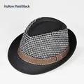 Men's breathable hollow grid straw fedora hat in black with striped ribbon band - Kids Size (52cm) / Hollow Lattice Black