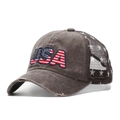 Casquette baseball drapeau USA délavée anthracite avec maille étoilée et bord usé - Brun