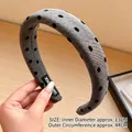Grey thick sponge headband with black velvet polka dots and fine knit texture details - Polka Dot Fabric Style / Gray