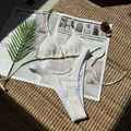 White textured drawstring bikini set with halter top and high cut bottom on summer resort mat - S / Top And Bottom / Apricot