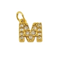 Classic golden letter M pendant with sparkling cubic zirconia crystals on white background - M