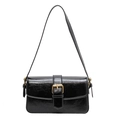 Classic black wax oil leather crossbody bag with elegant golden buckle for women - Black