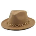 Classic camel wool fedora hat with a stylish chunky gold chain band for autumn - M (56-58cm) / Camel