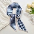 Blue and white geometric pattern long silk scarf twilly with lavender borders - Blue Houndstooth