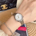 Elegant ladies' watch with silver diamond bezel, mother of pearl dial and grey leather strap - MOP White Dial Grey Strap