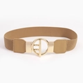 Elastic camel waist belt with round gold alloy buckle and premium leather finish - Dark Khaki