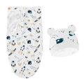 Close-up of baby swaddle and hat set with space rocket and planet pattern on white cotton - Blue Rocket Swaddle + Hat Set