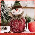 Christmas snowman drawstring gift bag in red and white fabric, size 26cm x 15cm - English Print Drawstring Apple Bag Snowman
