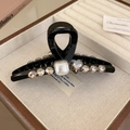Elegant French style black hair clip decorated with white pearls and heart-shaped crystals - 60# Gripper - Heart - White