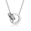 Macro shot of silver interlocking rings with clear zircon and roman numerals engraving - Roman Double Ring Necklace / Steel