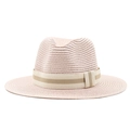 Pink straw beach hat for women with sun protection and striped decorative ribbon band - Nude Pink
