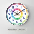 Horloge murale éducative avec cadran arc-en-ciel et chat pour l'apprentissage du temps - 10" / Chat Arc-en-ciel No.2 Cadre Blanc