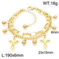 Gold double-layer stainless steel chain bracelet with cross pendants and round beads - Style B Gold (KB187004-Z)