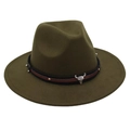 Detail of the dark olive green fedora hat featuring a bull skull metal ornament and studs - Army Green