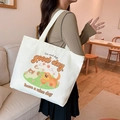 White canvas tote bag featuring cute cartoon cat and dog prints with shoulder straps - Happy Time