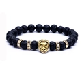 Lava stone bead bracelet featuring a golden lion head charm and sparkling rhinestone spacers - Lion Head (Reinforced Stones) / Lava Stone / Gold