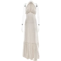 Elegante abito lungo beige a pois con scollo all'americana e bordo a volant - M / Bianco