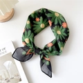 Black square cotton-linen floral neck scarf with green daisy and orange flower pattern - 9 Cotton - Chrysanthemum Black