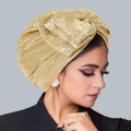 Golden turban for women featuring a large bow and pleated metallic luster fabric - Light gold