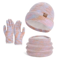 Winter knit set with hat, scarf, and touch-screen gloves in pink blue orange mix - Pink / 3-Piece Set (Hat + Scarf + Gloves)
