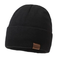 Klassieke zwarte gebreide muts met bruin leren label voor winddichte winterwarmte - Zwart